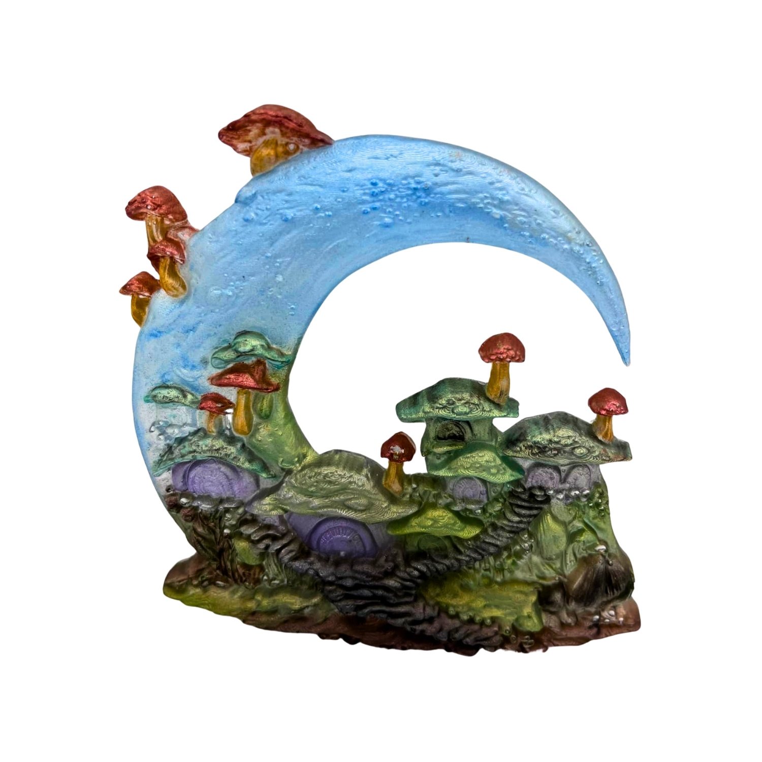 Blue Resin Crescent Moon Mushroom Village Fantasy Figurine Floozy Couture Handmade Arts and Crafts