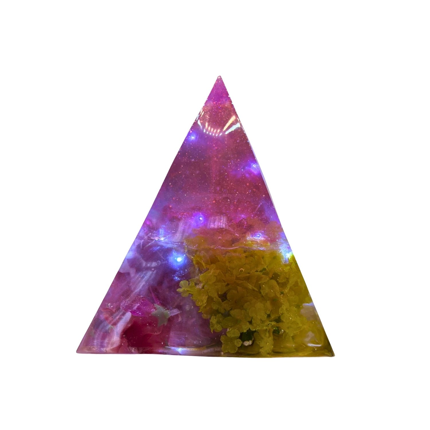 Pink Resin Pyramid with Embedded Flowers Decorative Energy Sculpture Floozy Couture Handmade Arts and Crafts
