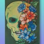 Floral Skull Acrylic Painting – Blue & Orange Flowers on Deep Green Modern Memento Mori Art 12×16 - Floozy Couture