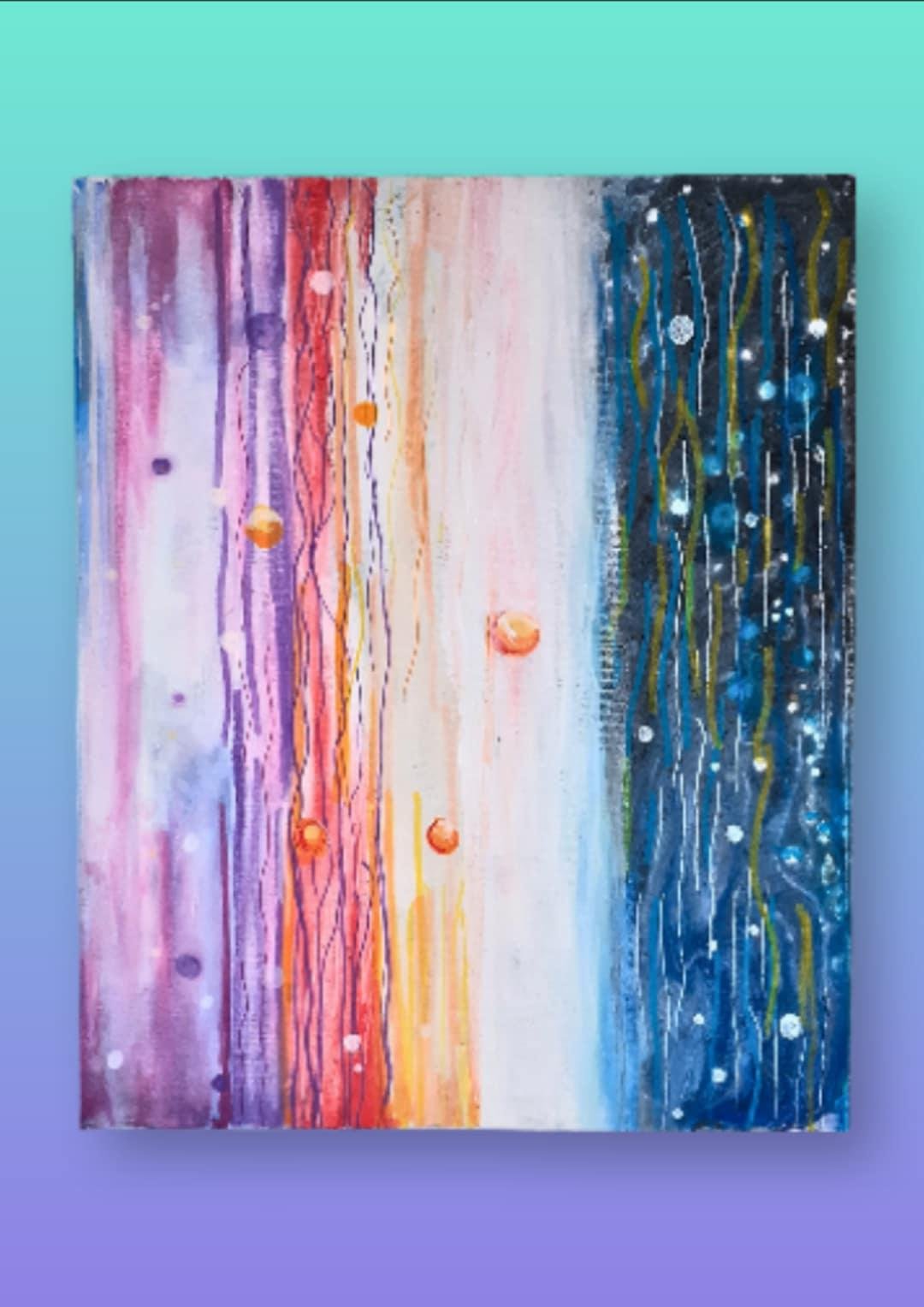 Vertical Abstract Acrylic Painting – Purple to Blue Gradient with Textured Lines Modern Atmospheric Wall Art 12×16 – Floozy Couture